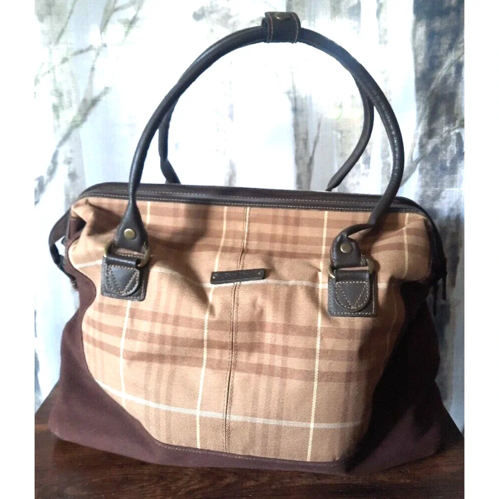 Eddie Bauer Brown Plaid Canvas and Dark Brown Leather Top-Handle Bag